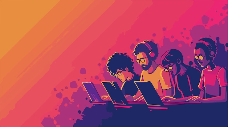Vector diversos jóvenes programadores trabajando juntos en un fondo colorido