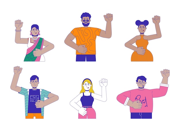 Diversos manifestantes activistas personajes de dibujos animados lineales en 2D