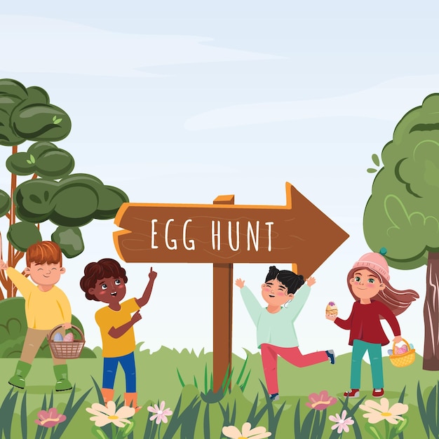 Diversos niños en la caza de huevos Ilustración de primavera de Pascua con niños felices sosteniendo huevos de Pascua