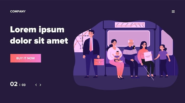 Diversos pasajeros en el metro. Personas mayores, discapacitadas, mujer con bebé en la ilustración del asiento. Transporte, concepto de sociedad para banner, sitio web o página web de destino