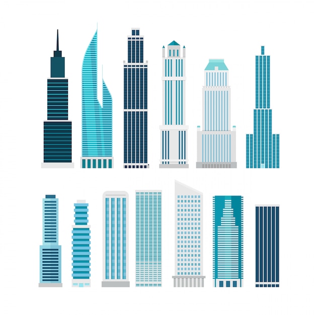 Diversos rascacielos aislados en blanco. Vector de imágenes prediseñadas. Ilustración vectorial