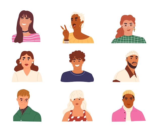 Vector diversos retratos de cabezas de hombres y mujeres colección de personajes jóvenes felices conjunto de avatares de vector plano