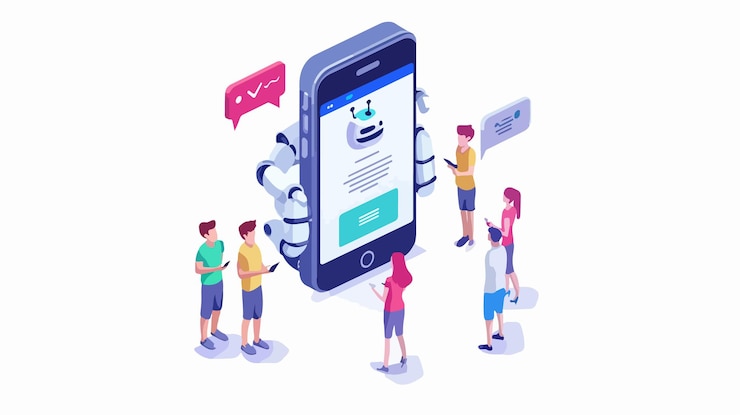 Vector diversos usuarios frente a un enorme teléfono móvil interactuando con el chatbot