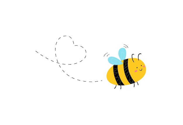 Divertida abeja voladora linda dibujada a mano con corazón punteado Ideal para tazas, tarjetas de felicitación y camisetas Ilustración vectorial