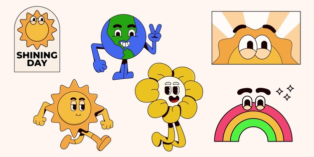 divertida adhesiva de mascota diseños de dibujos animados sol alegre arco iris de la tierra y personajes de flores ilustración