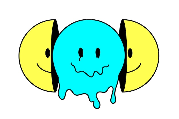 Divertida cara de sonrisa psicodélica derretida Cara sonriente derretida pegatina trippy Dos caras de media sonrisa Diseño de impresión de camiseta Impresión de moda sonriente para cartel de camiseta Concepto de falsedad de hipocresía Estética Y2K
