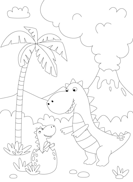 Divertida caricatura dinosaurio y pequeño dino ilustración vectorial en blanco y negro para colorear libro