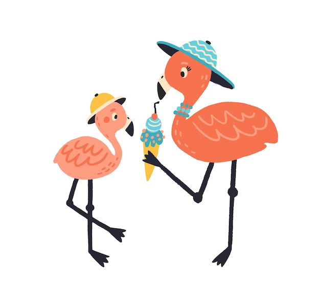 Vector divertida caricatura madre e hijo flamingo comiendo helado juntos. familia de pájaros salvajes lindo colorido en sombrero aislado sobre fondo blanco. una mamá alegre le da a un niño un dulce y delicioso cono de galleta.