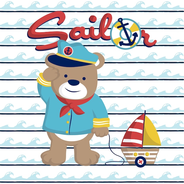 Divertida caricatura de marinero sobre fondo azul de la onda
