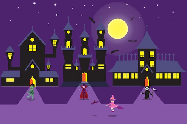 divertida celebración de halloween por la noche con zombi, drácula, bruja y calavera