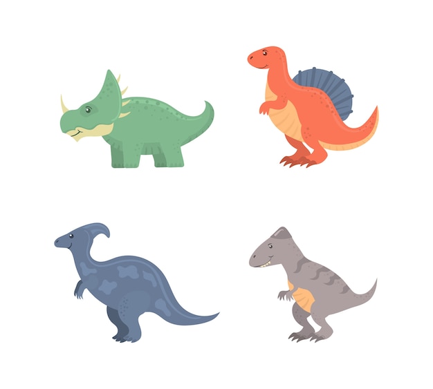 Divertida colección de dinosaurios de dibujos animados aislado en blanco