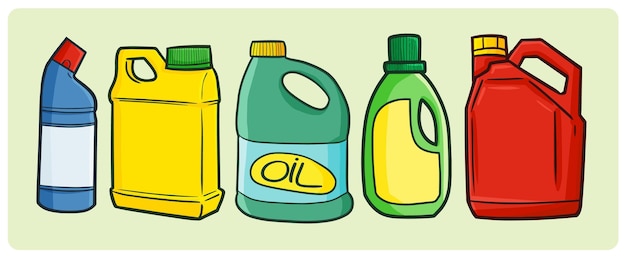 Divertida colección de envases de aceite industrial en blanco en estilo simple doodle