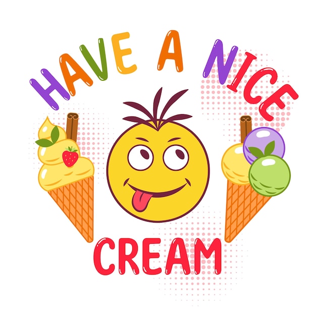 Divertida etiqueta colorida con conos de helado texto emoji loco chico