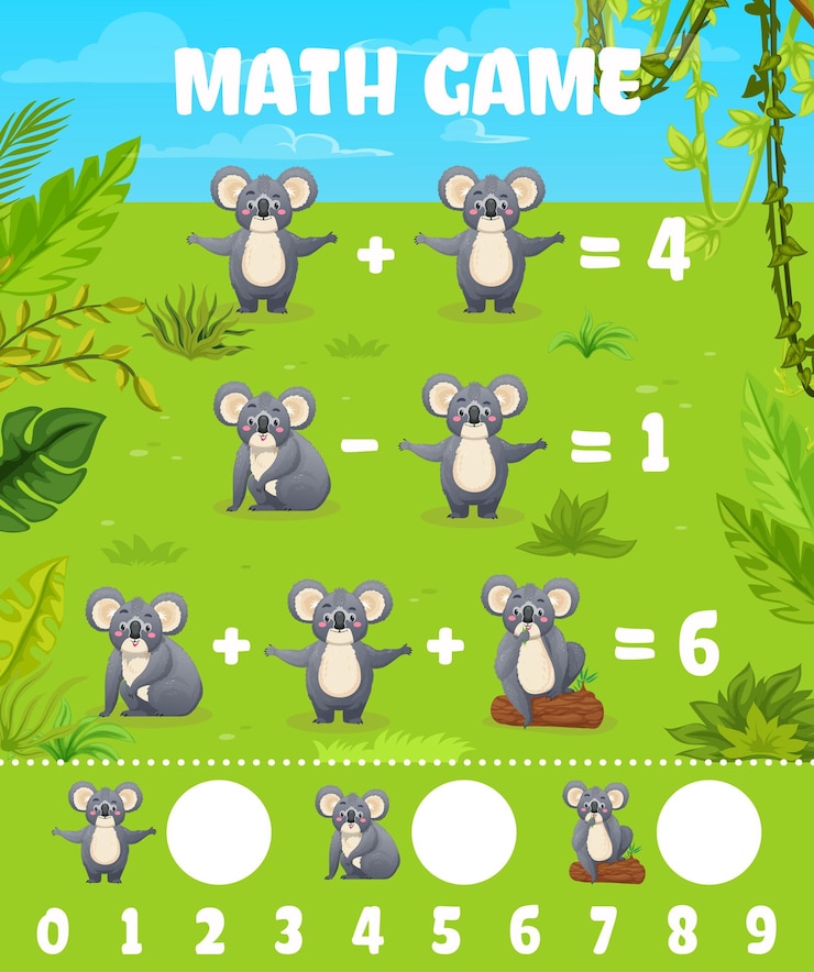Vector divertida hoja de trabajo del juego de matemáticas de los personajes del oso koala