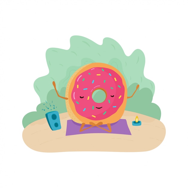 Vector una divertida ilustración colorida de un donut meditando sobre una alfombra con música y una vela.