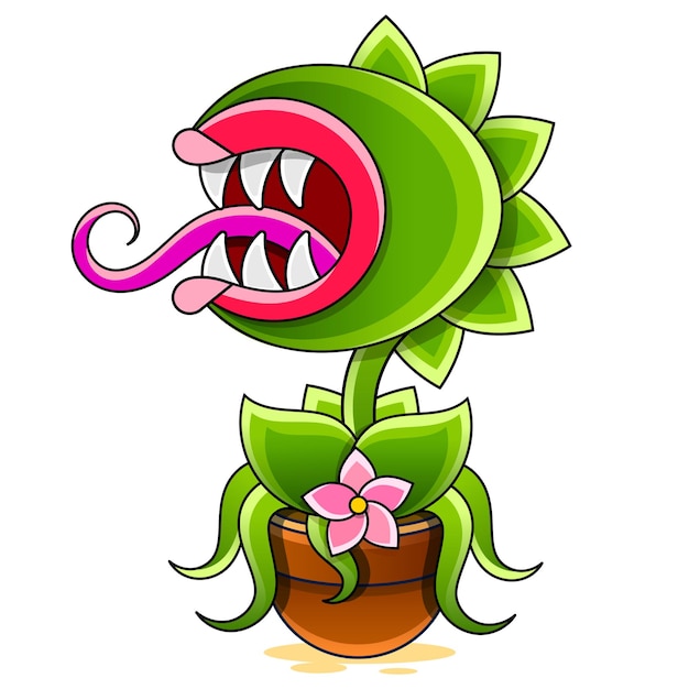 Vector divertida ilustración de dibujos animados de plantas carnívoras sobre fondo blanco.