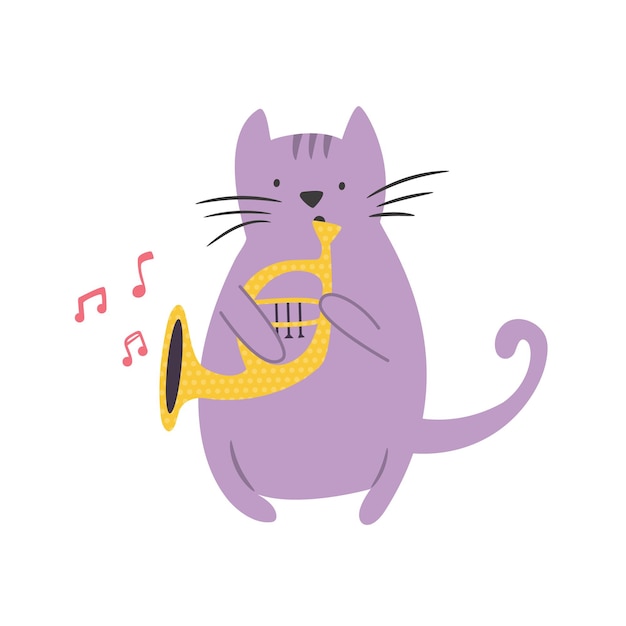 Vector divertida ilustración de un gato tocando el cuerno