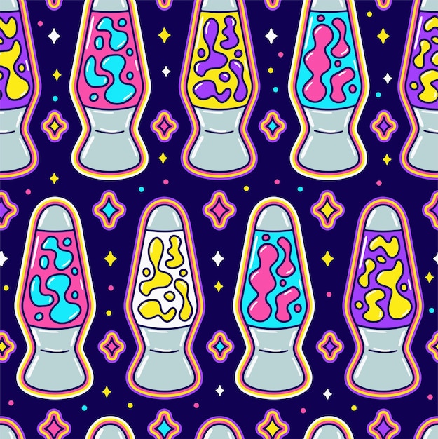 Divertida lámpara de luz de lava estilo hippie de los años 70 con estampado de patrones sin fisuras. Diseño de etiqueta de ilustración de dibujos animados de vector. Lámpara de lava psicodélica, maravillosa y trippy imprimir concepto de patrones sin fisuras