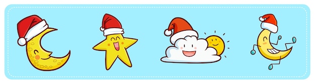 Divertida y linda luna, estrella, nube y sol kawaii con gorro de papá noel para navidad