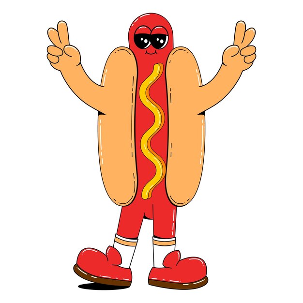 La divertida mascota de Hot Dog en estilo de dibujos animados retro Ilustración vectorial de salchicha con personaje de mostaza