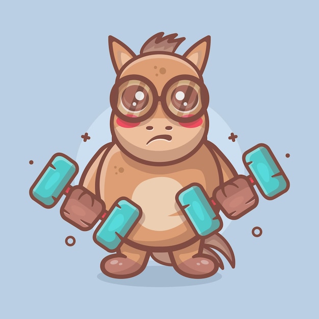divertida mascota de personaje animal de caballo haciendo culturismo usando una caricatura aislada con manivela.