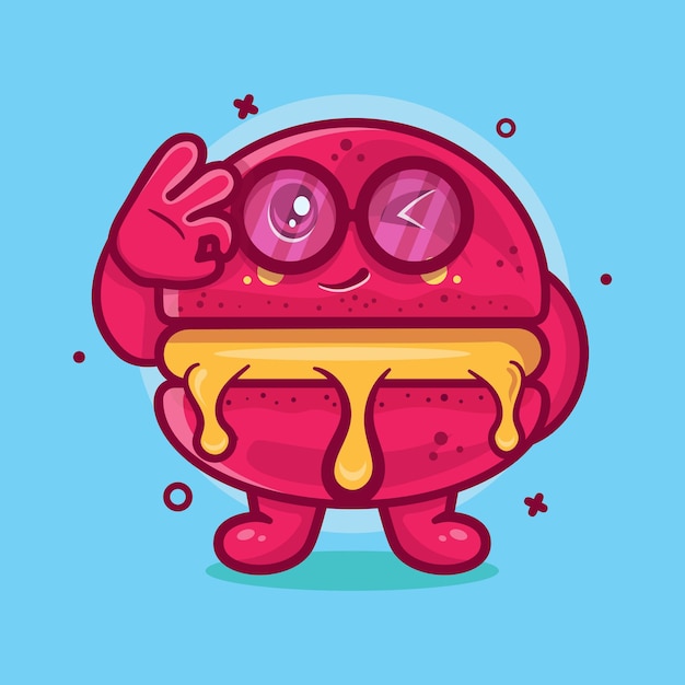 divertida mascota de personaje de panadería macaron con dibujos animados aislados de mano de signo ok en diseño de estilo plano