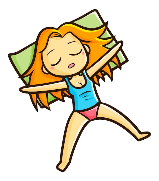Divertida mujer de pelo naranja durmiendo con ilustración de dibujos animados de almohada verde