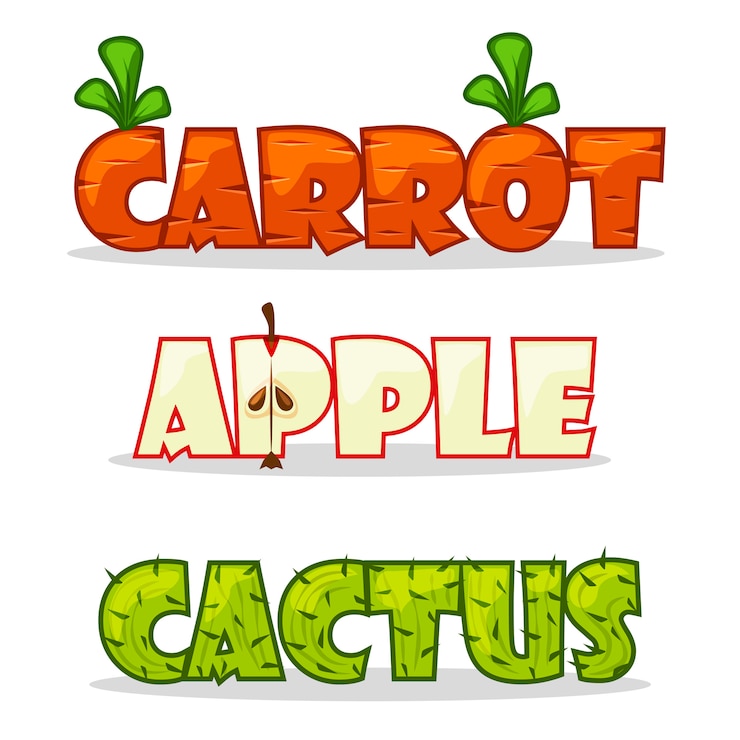 Vector divertida palabra textural. zanahorias, manzana y cactus