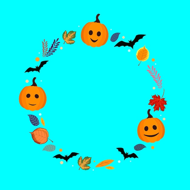 Divertida pancarta de Halloween con elementos en un círculo sobre un fondo azul