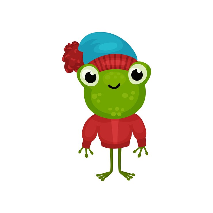 Vector divertida rana humanizada en suéter cálido y sombrero personaje de dibujos animados de sapo sonriente elemento de vector plano para juego o libro para niños