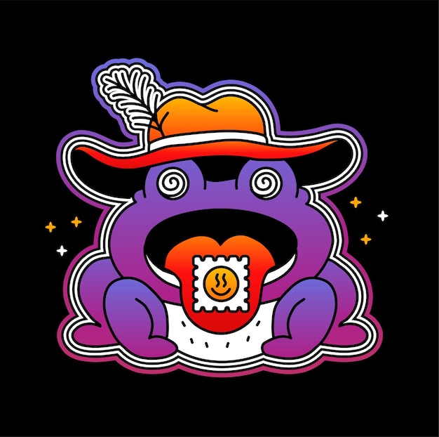 Divertida rana psicodélica trippy con marca de ácido lsd en la lengua Ilustración de personaje de dibujos animados de línea dibujada a mano vectorial Impresión de rana psicodélica trippy para camiseta posterstickercovercard concept