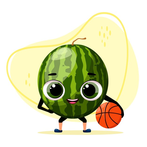 Vector divertida sandía con un baloncesto estilo de dibujos animados