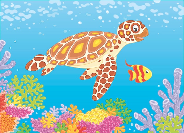 Divertida tortuga boba y un pequeño pez mariposa rayado nadando sobre coloridos corales
