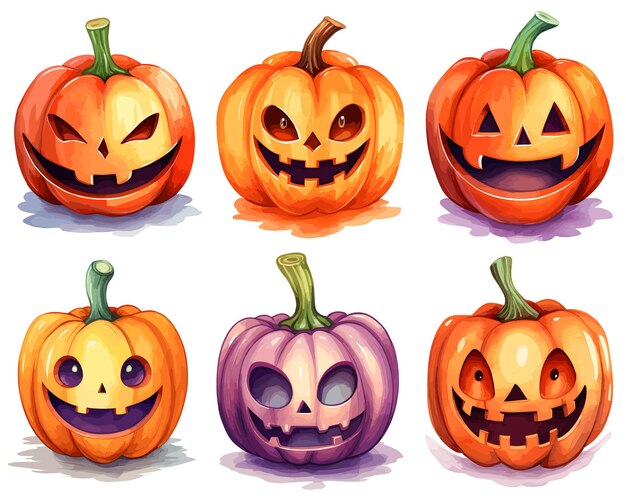 Divertidas calabazas de Halloween clip art ilustración de acuarela Jack O Lantern ilustración vectorial