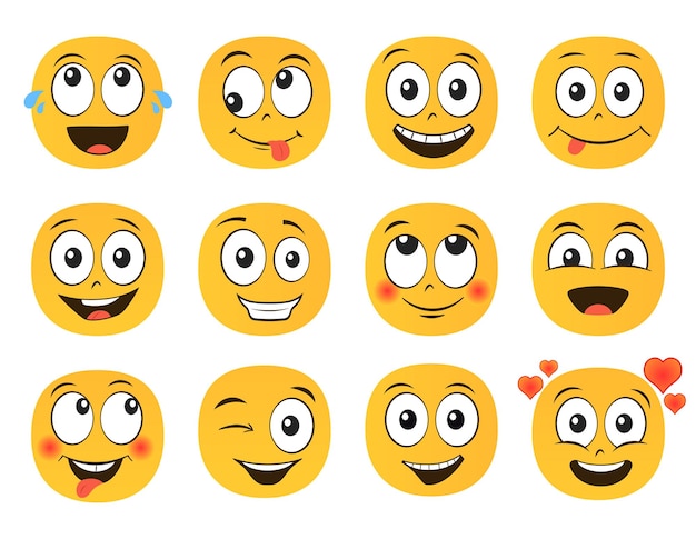 Divertidas caras de emoticonos de sonrisas. conjunto de emoticonos. ilustración de vector de estilo plano