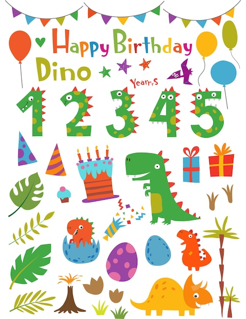 Divertidas caricaturas de dinosaurios y elementos de diseño para tarjetas de cumpleaños o invitaciones a fiestas