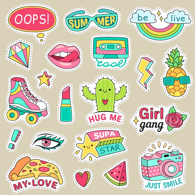 Vector divertidas pegatinas adolescentes de moda. lindos dibujos animados parches para adolescente.