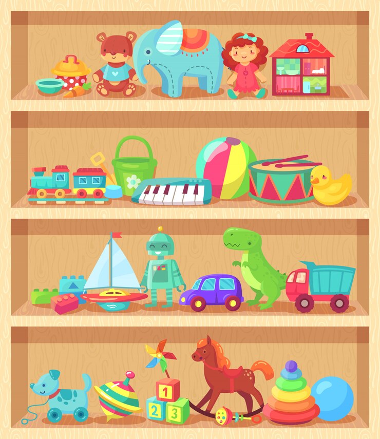 Vector divertido animal bebé piano constructor niña muñeca y bola robot felpa oso elementos vintage para alegría infantil