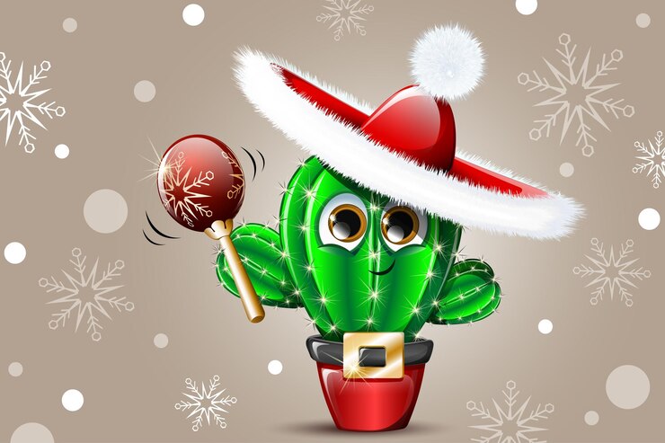 Vector divertido cactus de navidad en la olla de santa sombrero agitando maracas sobre el fondo beige con copos de nieve