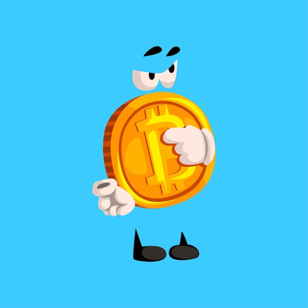 Divertido carácter bitcoin apuntando, vector de emoticonos de moneda crypto ilustración aislada sobre fondo azul cielo.