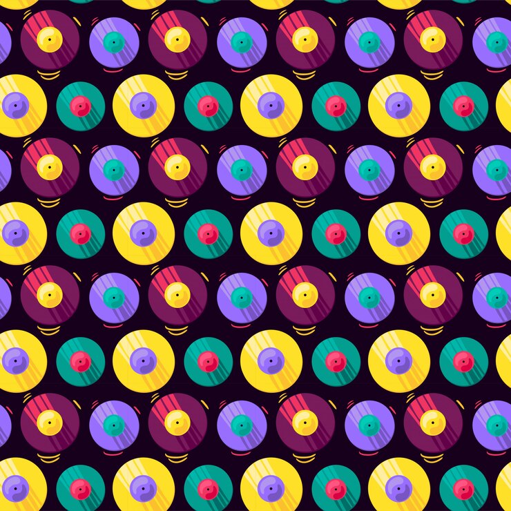 Vector divertido colorido vinilo musical registro vector patrón transparente
