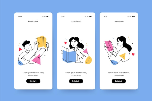 Un divertido concepto de aplicación móvil con plantillas de paquetes con personas lectoras. Libro, educación, estudio, en línea