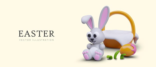 El divertido concepto de Pascua en estilo de dibujos animados pequeño conejo está sentado cerca de la canasta