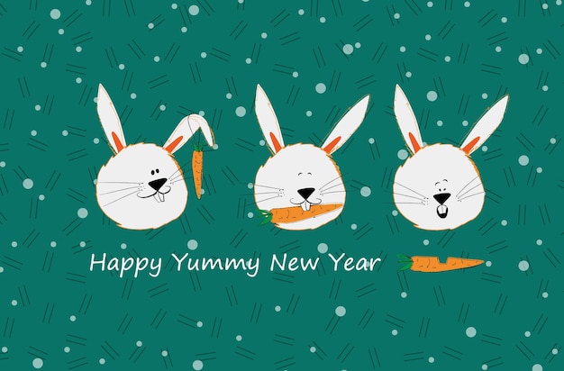 divertido con conejitos de humor con zanahorias y deseos de un delicioso feliz año nuevo