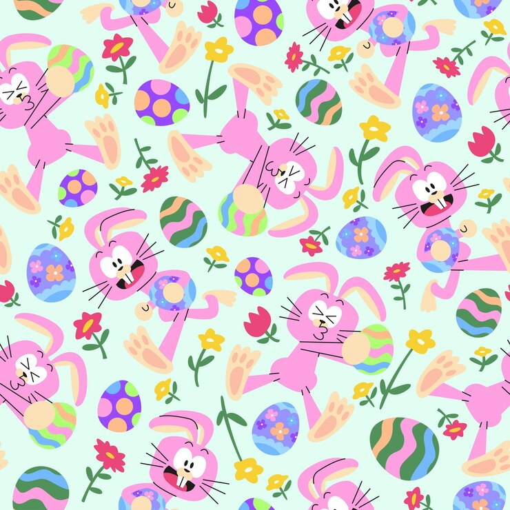Vector divertido conejo rosado de pascua con huevo y flores