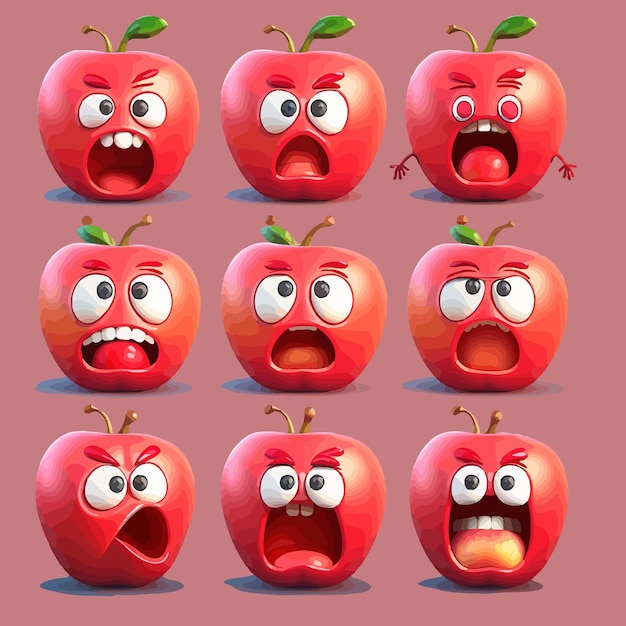 Vector divertido conjunto de emoji de cara de personaje de manzana roja aislado en el fondo ilustración vectorial