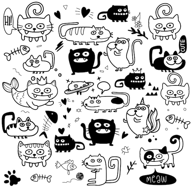 Divertido conjunto de gatos doodle. dibujado a mano ilustración.