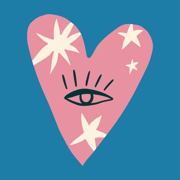 Divertido corazón de san valentín ojo boho ingenuo funky handdrawn estilo arte ilustración vectorial