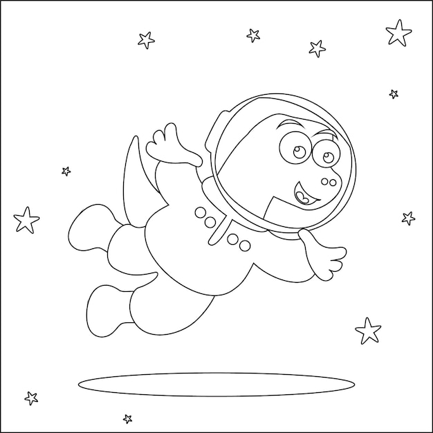 Divertido dinosaurio astronauta en el espacio Dinosaurio en el espacio exterior Vector dibujado a mano para colorear para niños