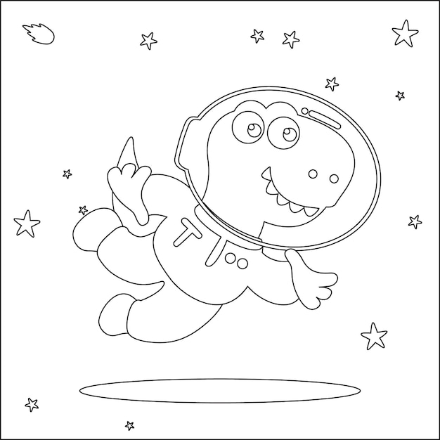 Divertido dinosaurio astronauta en el espacio Dinosaurio en el espacio exterior Vector dibujado a mano para colorear para niños